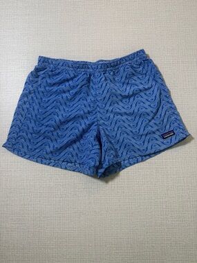 Patagonia Blue and White Wave-Pattern Swim Trunks